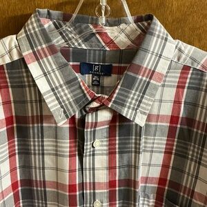 George Men's Casual Red and Gray Plaid Shirt